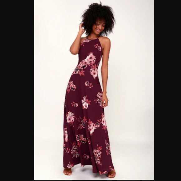 Lulu's Rancho Burgundy Floral Print Lace-Up Maxi Dress Women's Size S - Picture 5 of 14